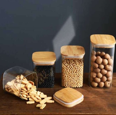 Picture of 1PC Square Airtight Glass Jars Container with Bamboo Lid for Kitchen Food Snack Seasoning Pasta Storage Bottle Seal Glass Container (Multicolor1150ML)