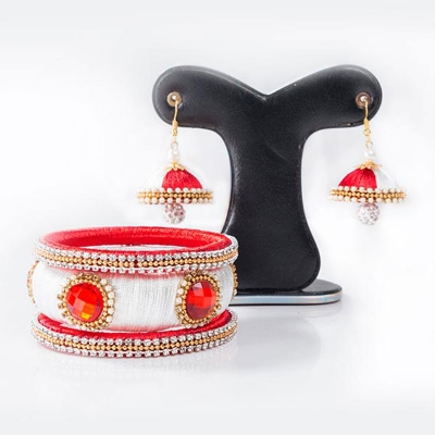 Picture of Red & White  Color Silk Thread Earring & Bangles