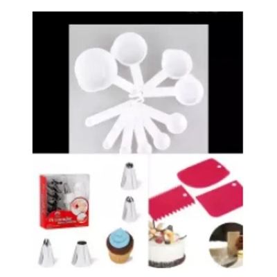 Picture of 12 Pieces stainless steel Cake Decorating Nozzle Set and 10 pieces piping bags and plastic measurement cup set combo item of 3 items -Silver