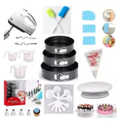 Picture of Electric Hand Mixer & Cake Decorating Turntable - 28 cm & 3 pieces Plastict Scraper & 12 Pieces Nozzle Set & 3 pieces cake mold set & Measerment Cup Set & Spatula and Pastry Brush Set & Plastic Measuring Jug & 100 pcs pipping bags - Combo Pack -White