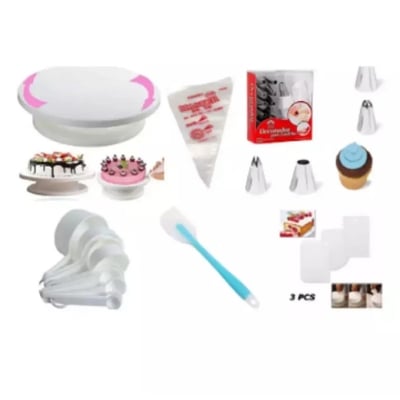 Picture of Cake Decoration Turntable & 12 Pieces Of Stainless Steel Nozzle Set & Silicone Heat Resistant Spatula - 10 inch & Measuring Spoon Cup Set & 3 pieces Plastic Cream Scraper & 10 Pieces Pipping Bags (6 products) -White