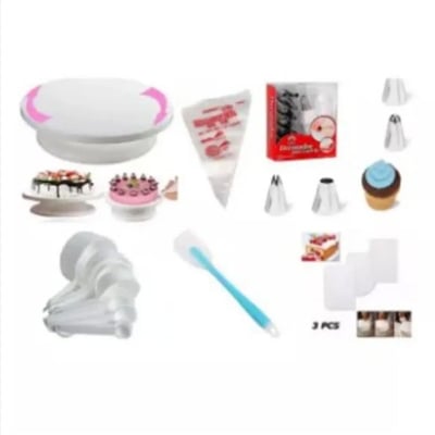 Picture of Cake Decoration Turntable & 12 Pieces Of Stainless Steel Nozzle Set & Silicone Heat Resistant Spatula - 10 inch & Measuring Spoon Cup Set & 3 pieces Plastic Cream Scraper & 10 Pieces Pipping Bags (6 products) -White