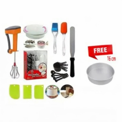 Picture of 8 (7+1)Items Set+16cm aluminium round cake pan free- 1) turn table 28 cm, 2) 12pcs nozzle set with paiping bag, 3) hand mixer, 4) steel plate nife, 5) 8pcs black mesurment , 6)2pcs silicon oil brush, 7) 3Pcs scraper -Multicolor