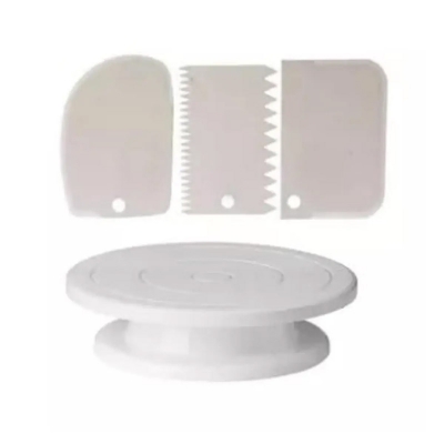 Picture of Perfect Pricee Combo Set of Plastic Revolving Turn Table Cake Stand with 3 Scrapper, White...... -White