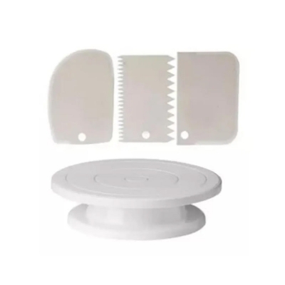 Picture of Perfect Pricee Combo Set of Plastic Revolving Turn Table Cake Stand with 3 Scrapper, White -White