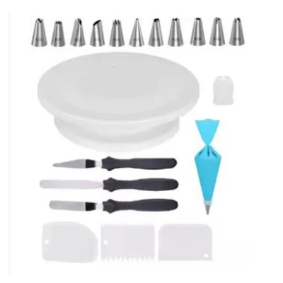 Picture of 7P Xacton Plastic Swivel Plate Revolving Cake Sugarcraft  12 Steel Nozzles Coupler with Piece Frosting Icing Piping Bag 3 Pcs Cake Decorating Fondant 3 Pcs Cake Icing Spatula  Combo of Baking Toools Set -White