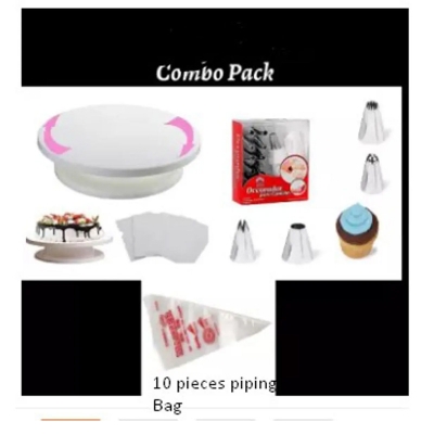 Picture of Cake Turntable -28 cm + 12 pieces Cake Nozzle set + 10 Piping Bags + 3 pcs scrapper set of combo pack of 4 items -Multicolor