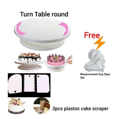 Picture of Combo Cake Decorating Turn table & 3 PCS Plastic Cake Scraper Free Measurement Cup set -White