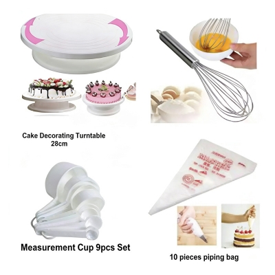 Picture of 5 X Combo Cake Decorating Turn table 28 Inches + Egg Bitter + 3 PCS Plastic Cake Scraper + Measurement Cup set + 10 Pieces Piping Bag -White