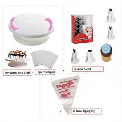 Picture of Cake Decorating Turntable - 28 cm and 12 pieces of Nozzle Set and Piping Bags and set of combo pack of 3 items -White