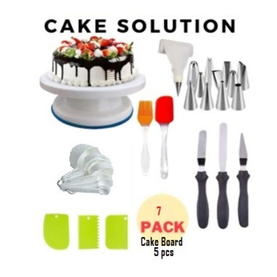 Picture of 7-In-1 Cake Solution Offer Pack- Cake Turntable, 12 Piece Cake Decorating Nozzle Set, 3 in 1 Multi Function niffe Set, 3 Side Scrapper,Cake Board 5 Piece, 8 Measuring Cups and Spoon, Silicon Spatula Brush Set -Multicolor
