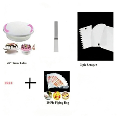 Picture of 3 Combo Turn Table+3 Pcs Scraper set- white+ Cake planer-8" + FREE 10 Pic Piping Bag -White
