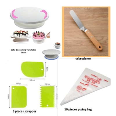 Picture of 6 pcs a set Turn table+3 pcs scraper + cake planer 8" 10pcs Plastic Piping Bags -Multicolor