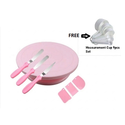 Picture of (7Pcs set+9Pcs white Mesurment Cup Set Free)-Cake decoration turn table 28 cm + 3Pcs baking plate  set+3Pcs scraper set -Multicolor