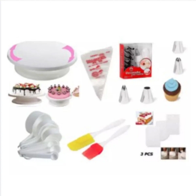 Picture of Cake Decoration Turntable & 12 Pieces Of Stainless Steel Nozzle Set & Silicone Spatula and brush & Measuring Spoon Cup Set & 3 pieces Plastic Cream Scraper & 10 Pieces Pipping Bags (6 products) -White