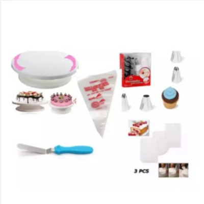 Picture of Cake Decoration Turntable & 12 Pieces Of Stainless Steel Nozzle Set & stainless steel butter k*nife or cake planner (7 inch) & 3 pieces Plastic Cream Scraper & 10 Pieces Pipping Bags (5 products) -White