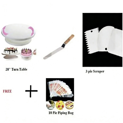 Picture of 3 Combo Turn Table+3 Pcs Scraper set- white+ Cake planer-8" + FREE 10 Pic Piping Bag -White