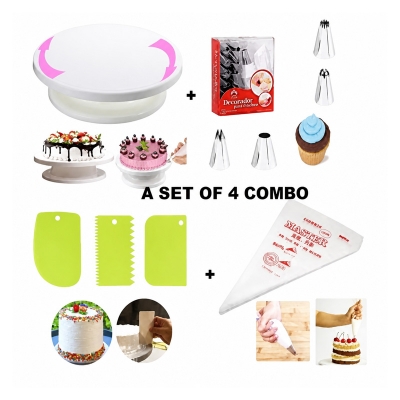 Picture of Cake Decorating Turntable - 28 cm +12 pieces Cake decoration Nozzle set + 10 Piping Bags  + 3 pcs scrapper combo pack of 4 items -White