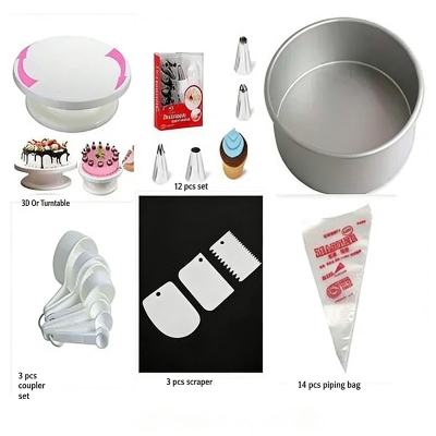 Picture of Cake Decoration Turntable & 12 Pieces Of Stainless Steel Nozzle Set & Removable Cake Pan & Bread Mold & Measuring Spoon Cup Set & 3 pieces Plastic Cream Scraper & 10 Pieces Pipping Bags (6 products) -White