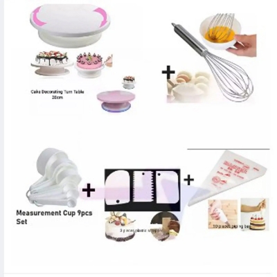 Picture of 5 x Combo Cake Sort Turntable 28 Inch + Egg Beater + 3 Piece Plastic Cake Scraper + Measure Cup Set 10 Piece Piping Bag -White