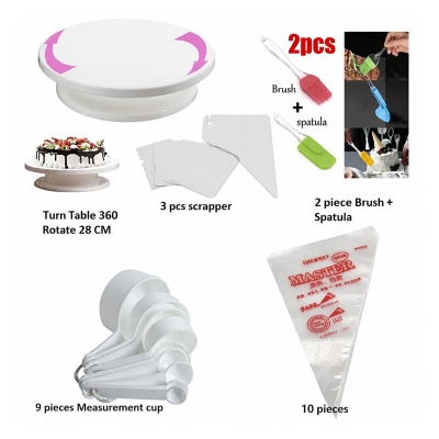 Picture of Measurements cup and Cake Decorating Turntable and piping bags and plastic cream scrapper and Silicone spatula with the brush set of combo pack of 5 items -White