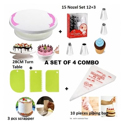 Picture of Cake Decoration Turntable - 28cm & 12 pieces set of Nozzle & 3 pieces set of Scrapper & 10 pipping bags Combo Pack(4 items) -Multicolor