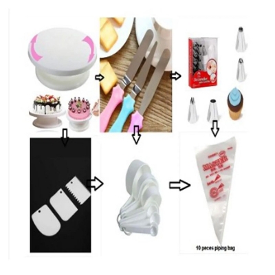 Picture of 6C Cake Decoration Turntable , 12 Pieces Of Stainless Steel Nozzle Set , 3 pieces of cake planner , Measuring Spoon Cup Set , 3 pieces Plastic Cream Scraper & 10 Pieces Pipping Bags -White