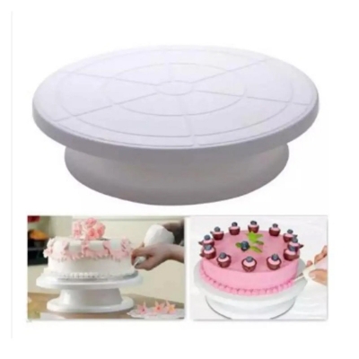 Picture of Perfect Pricee Combo Set of Plastic Revolving Turn Table Cake Stand with 3 Scrapper, White -White