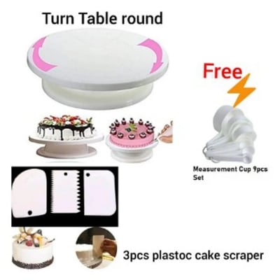 Picture of Combo Cake Decorating Turn table & 3 PCS Plastic Cake Scraper Free Measurement Cup set -White
