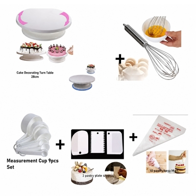 Picture of 5 X Combo Cake Decorating Turn table 28 Inches + Egg Bitter + 3 PCS Plastic Cake Scraper + Measurement Cup set + 10 Pieces Piping Bag -White