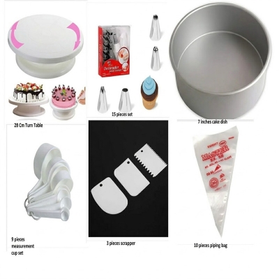 Picture of Cake Decoration Turntable & 12 Pieces Of Stainless Steel Nozzle Set & Removable Cake Pan & Bread Mold & Measuring Spoon Cup Set & 3 pieces Plastic Cream Scraper & 10 Pieces Pipping Bags (6 products) -Multicolor