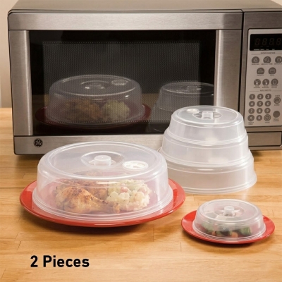 Picture of 2 Pieces MICROWAVE FOOD COVER / Plate Cover Splatter Guard Non Stick Plastic Clear Dish Lid -White