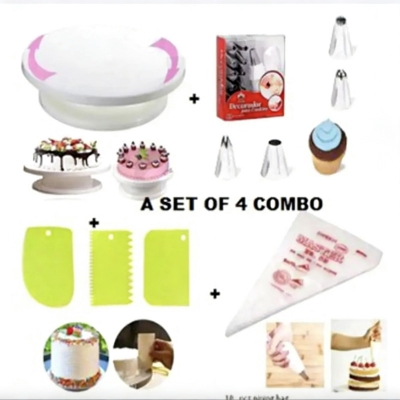 Picture of 4P Cake Decorating Turntable - 28 cm +12 pieces Cake decoration Nozzle set + 10 Piping Bags  + 3 pcs scrapper combo pack of 4 items -White