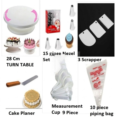Picture of Cake Decoration Turntable & 12 Pieces Of Stainless Steel Nozzle Set & stainless steel butter nife or cake planner & Measuring Spoon Cup Set & 3 pieces Plastic Cream Scraper & 10 Pieces Pipping Bags (6 products) -Multicolor