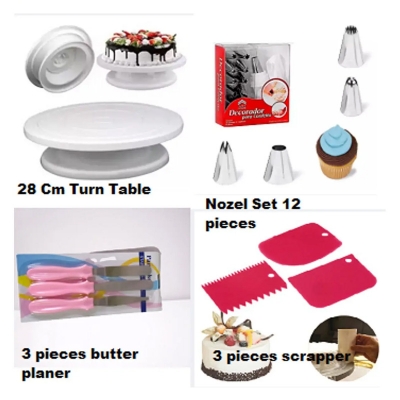 Picture of 4pcs BAking Combo Set-CAke Turn Table 28 cm + 12pcs Nozzle with Paiping Bag+ 3Pcs baking k.nife with handle + 3Pcs scraper set -Multicolor
