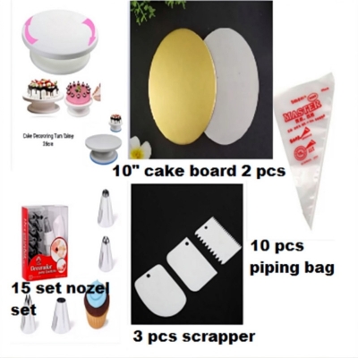 Picture of 7 A Set Cake Decoration Turntable , 12 Pieces Steel Nozzle Set , 3 pieces planner , Measuring Spoon Set , 3 pieces Plastic Cream Scraper ,10 Pieces Pipping Bags & 3 pieces cake Board -Multicolor