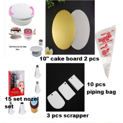 Picture of A Set Of Turn Table 28 Cm , 15 Nozel Set , 3 Pcs Scraper , 2 Pcs 10" Cake Board + 10 Piping Bag - Cake Decoration Tools -Multicolor