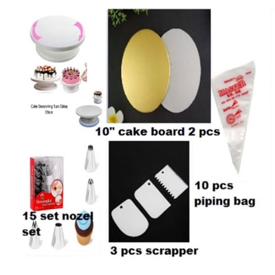 Picture of A SET OF Turn Table 28 CM , 15 Nozel Set , 3 Pcs Scraper , 2 pcs 10" Cake Board + 10 Piping Bag -Multicolor