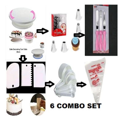 Picture of 6 Of  Set  Cake Turntable , 12 Pieces Of Stainless Steel Nozzle Set , 3 pieces of cake planner , Measuring Spoon Cup 9 pcs , 3 pcs Plastic Cream Scraper & 10 Pcs Pipping Bags -Multicolor