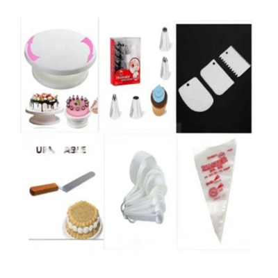 Picture of Cake Turntable & 12 Pieces Of Stainless Steel Nozzle Set & stainless steel cake planner 8" & Measuring Spoon Cup Set & 3 pieces Plastic Cream Scraper & 10 Pieces Pipping Bags (6 products) -Multicolor