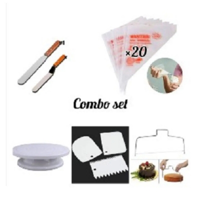 Picture of Combo Set -Cake Turntable + Cake Wire Leveler,2 Spatulas ,3 pcs Scrapper and 20  Piping Bag -Multicolor