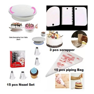 Picture of Turntable-28 cm +15 pcs Nozzle set + 10 Piping Bags  + 3 pcs scrapper combo of 4 items -Multicolor