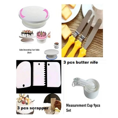 Picture of 7 pcs set+ Measurement Cup Set Turn table 28 Cm +3 pcs cake nife set + 3pcs scrapper -Multicolor