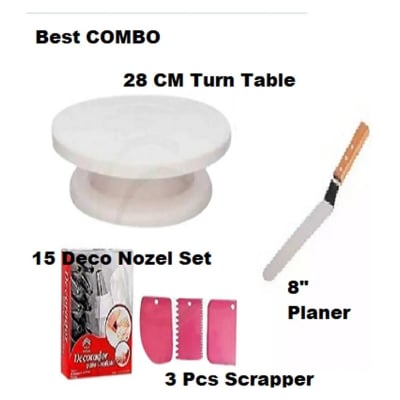 Picture of Cake Making Tools Turn Table+ 8 Inch Stainless Steel Spatula, 15 Piece Of Cake Decoration Nozzles With Icing Bag And 3 Pieces Of Dough Scrapper(Multicolor) Multicolor Kitchen Tool Set (Multicolor) - Cake Decoration Tools -Multicolor