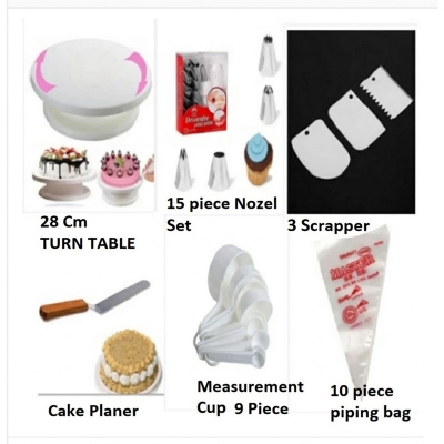 Picture of 6C 8 Inches Cake Decoration Turntable 28cm & 12 Pieces Of Stainless Steel Nozzle Set & stainless steel butter nife or cake planner & Measuring Spoon Cup Set & 3 pieces Plastic Cream Scraper & 10 Pieces Pipping Bags (6 products) -Multicolor