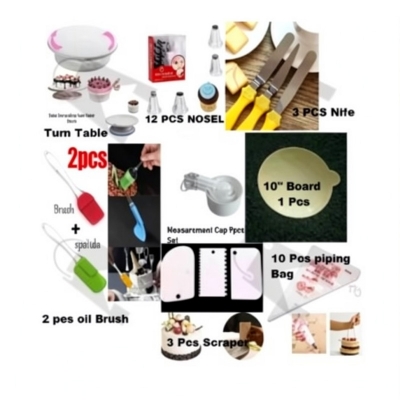 Picture of 8X Super Value Combo Set Of Cake Turn Table+12 Nozel Set+03 Nife set4+Oil Brush+M White Cup+Cake Board+Scrapper+piping Bag -Multicolor