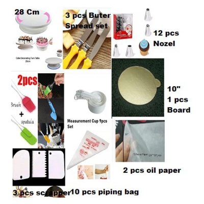 Picture of 9X Super Combo Baking Turn Table,12 Nozel, 2pcs oil brush, 3 Nife set, M Cup set 9 Pcs , 10 pcs piping bag, 3 scrapper,10" board 1 pcs, 2 pcs oil Paper -Multicolor