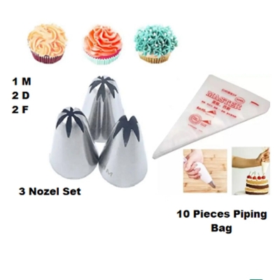 Picture of 2X Combo Stainless Steel 3 piecs Nozzle- 1M ,2D, 2F & 10 Pieces Piping Bag -Silver