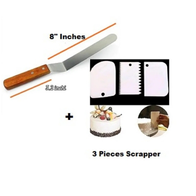 Picture of stainless steel butter nife 8" or cake planner + 3 Pieces Scrapper combo pack of 2 items -Multicolor