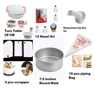Picture of COMBO Turntable + 12 Pieces Of Stainless Steel Nozzle Set + Round 7.5" Cake Pan & Bread Mold + Measuring Spoon Cup Set + 3 pcs Plastic Cream Scraper  & 10 Pieces Pipping Bags (6 products) -Multicolor